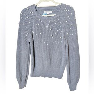 LOFT Medium Light Blue Pearl Embellished Sweater